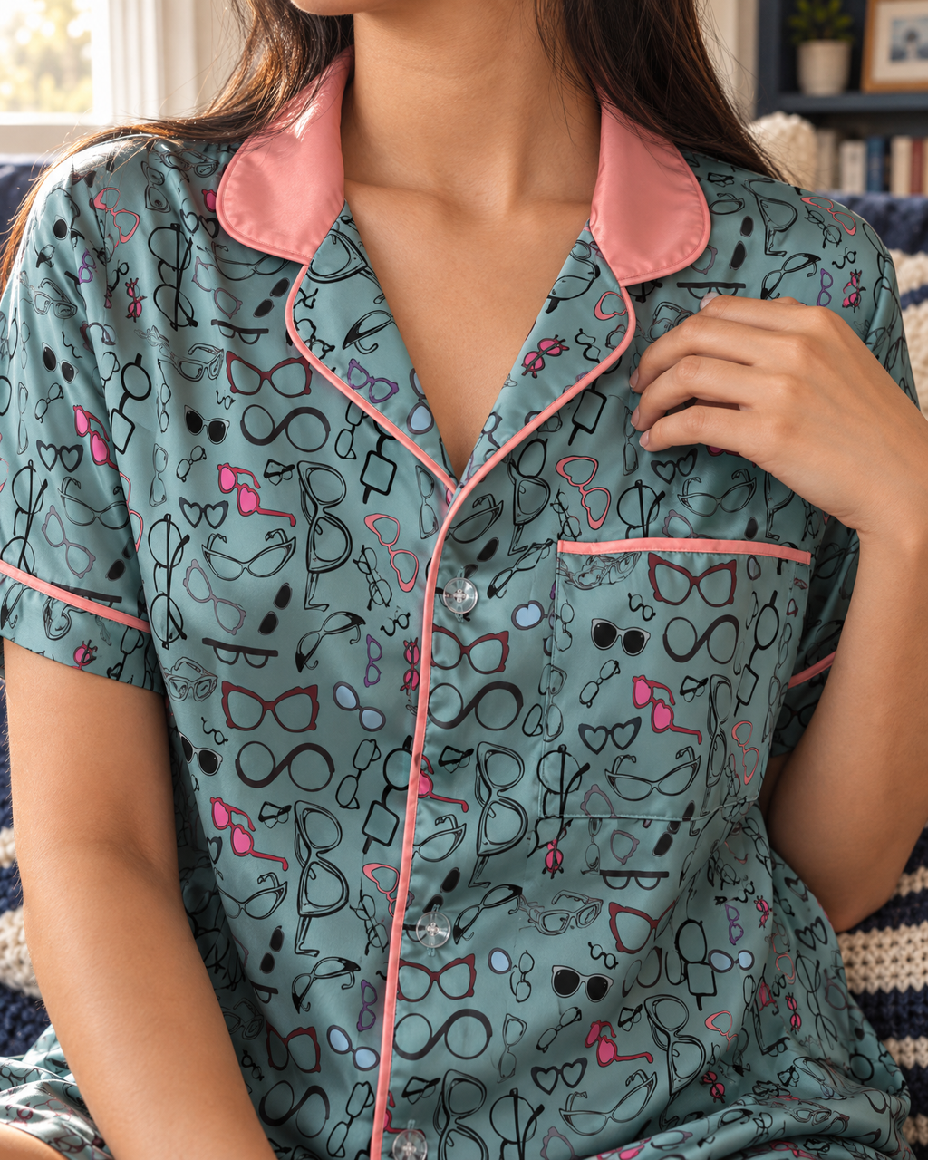 A woman wearing a short-sleeve pajama shirt with a sage green base, an all-over glasses pattern, and pink piping with a pink collar. She is shown in a cozy indoor setting.