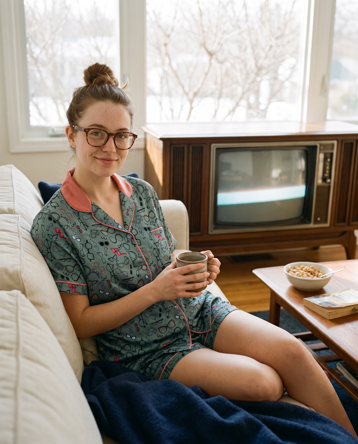 Teal satin pajama set covered in illustrated eyeglasses and sunglasses print