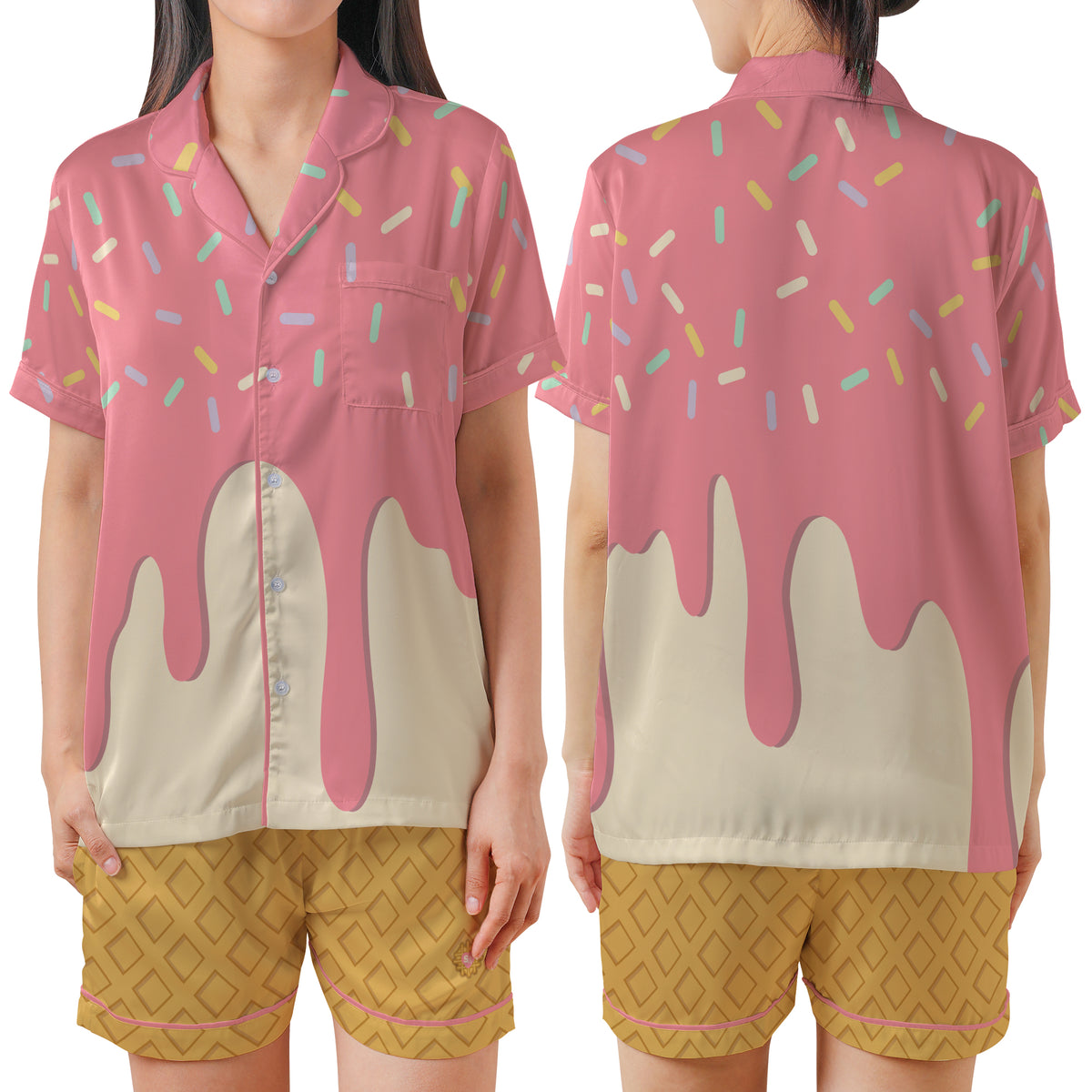 A woman modeling a pink short-sleeve pajama top with a dripping ice cream cone design and multicolored sprinkle print, shown from both front and back. She is wearing matching patterned shorts against a plain white background.