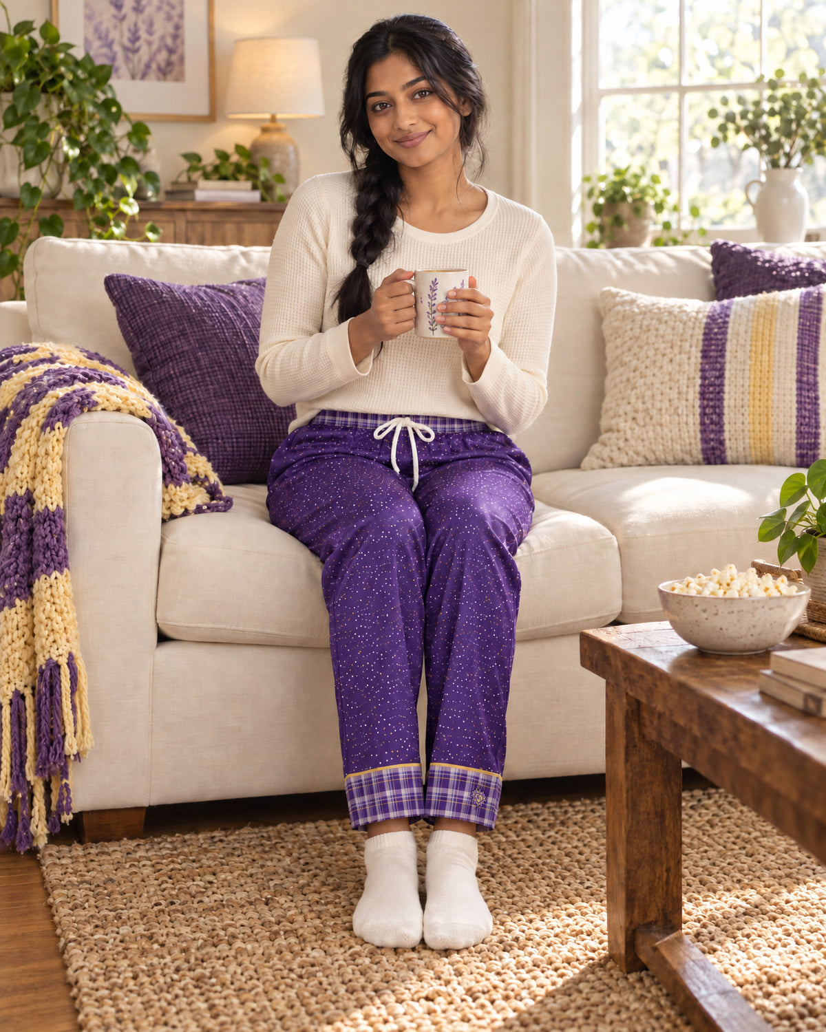 Woman sitting on a sofa holding a mug, wearing the Lavender & Butter satin pajama pants with a cream knit top and showing the plaid cuffs