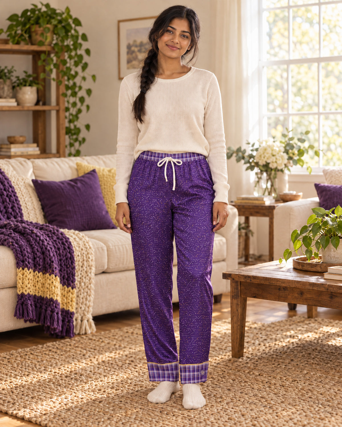 Woman standing in a sunlit living room wearing the Lavender & Butter satin pajama pants with a cream knit top