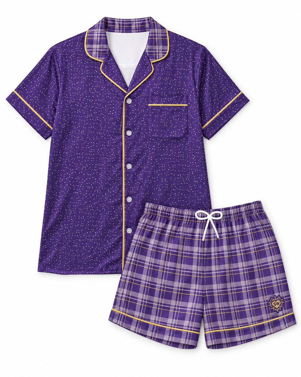 Lavender & Butter satin pajama set laid flat on white: rich deep purple top, purple and pale lavender-gray plaid with thin butter-gold lines shorts, white drawstring