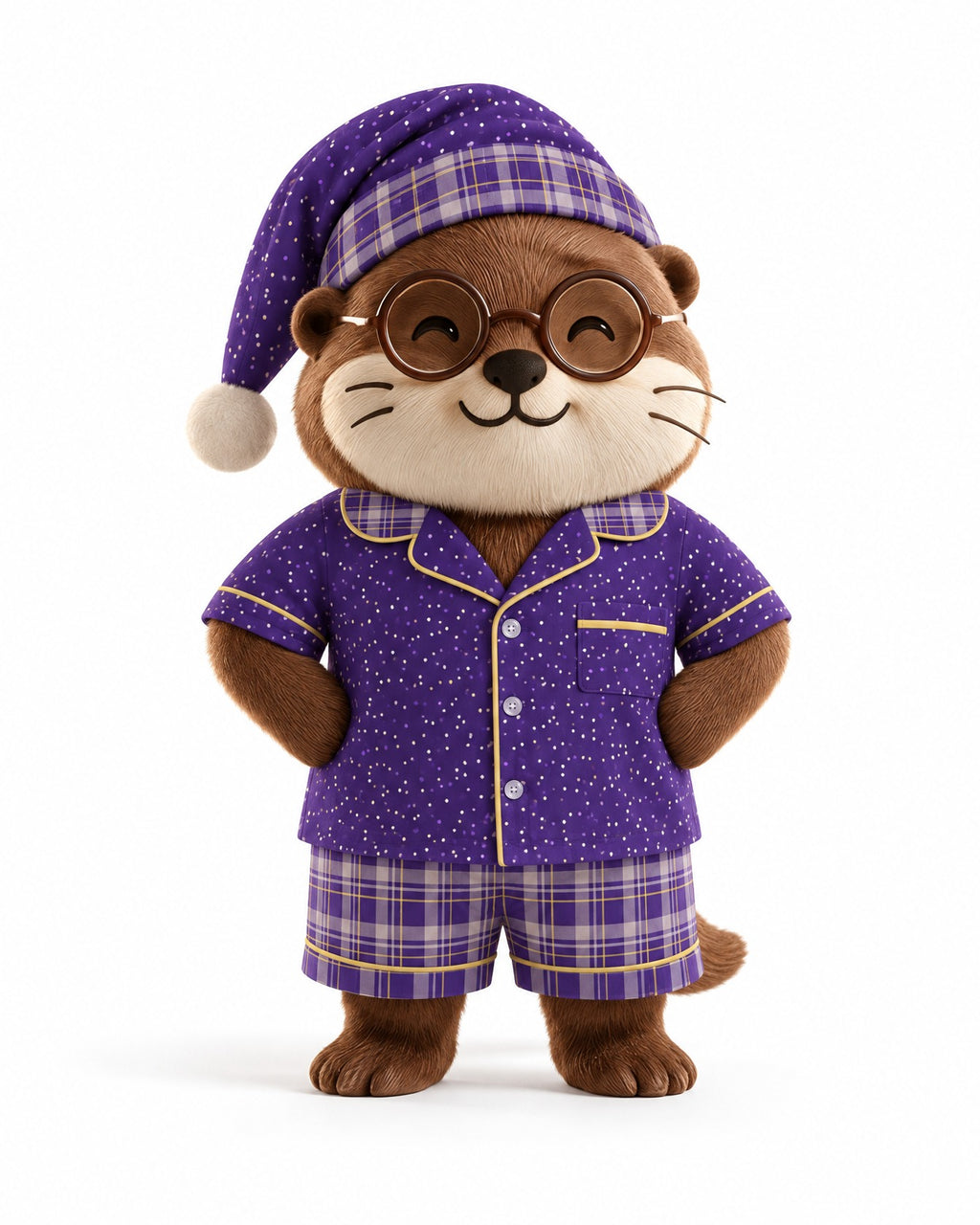 Waffles the otter mascot wearing a matching Lavender & Butter pajama set and nightcap on a white background