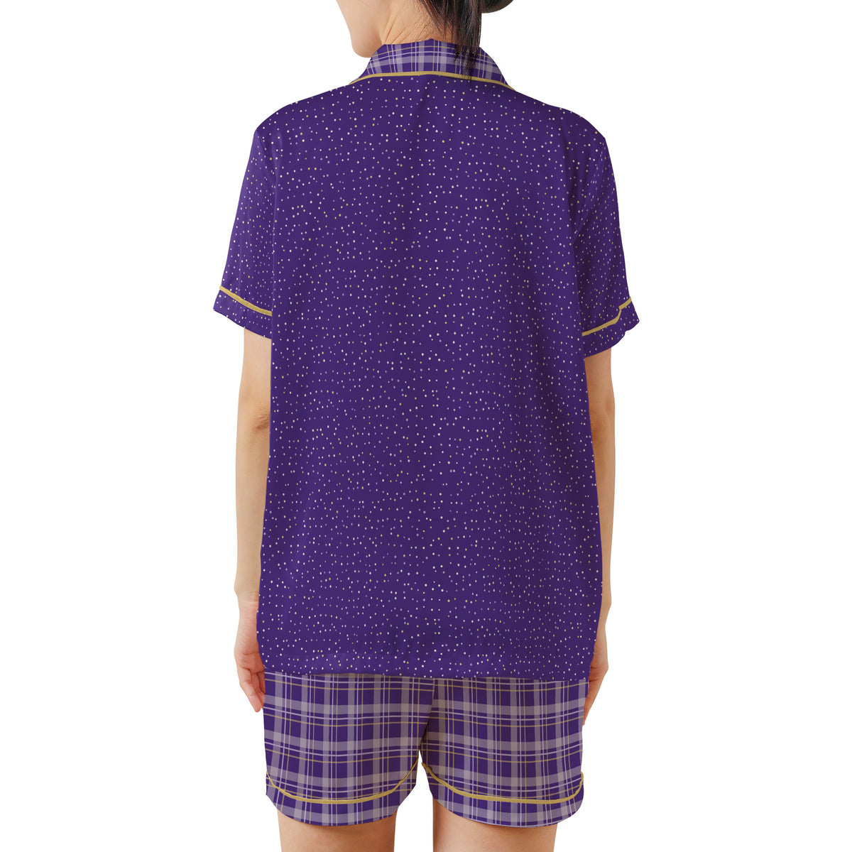 Back view of the Lavender & Butter satin pajama set on a plain white background