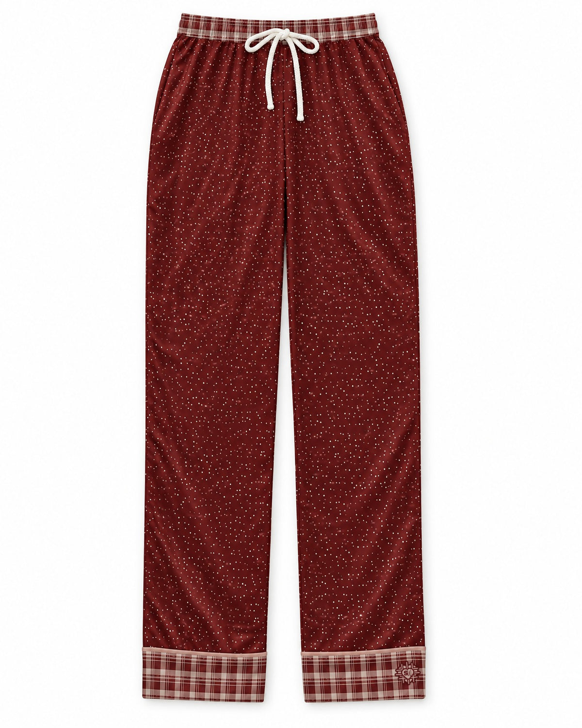 Maroon & Cream satin pajama pants laid flat on white: deep maroon satin scattered with tiny cream dots, plaid waistband and cuffs, white drawstring bow