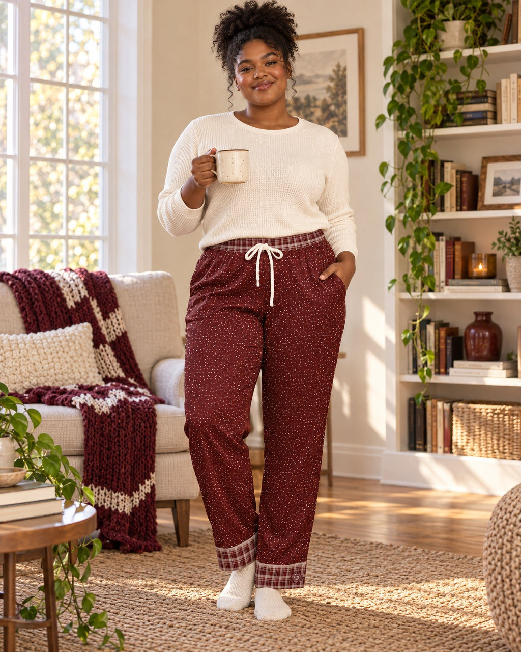 Woman in a different size standing in a cozy living room wearing the Maroon & Cream satin pajama pants with a cream knit top