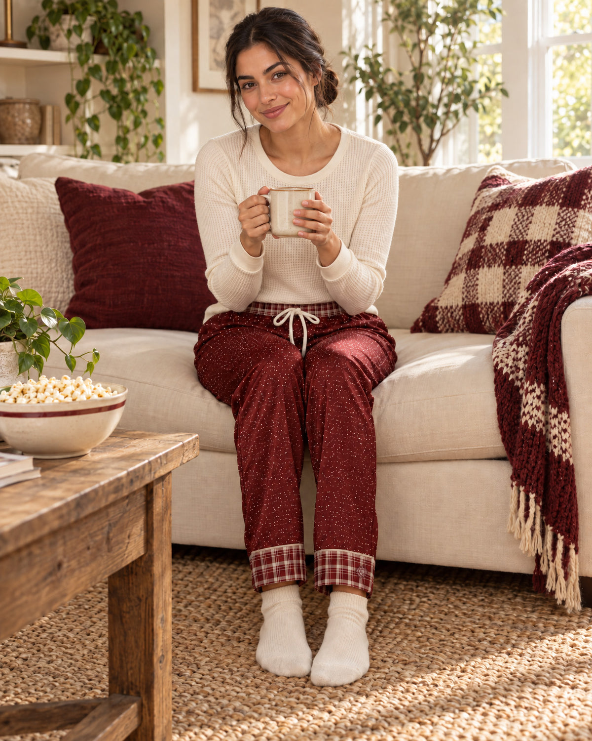 Woman sitting on a sofa holding a mug, wearing the Maroon & Cream satin pajama pants with a cream knit top and showing the plaid cuffs