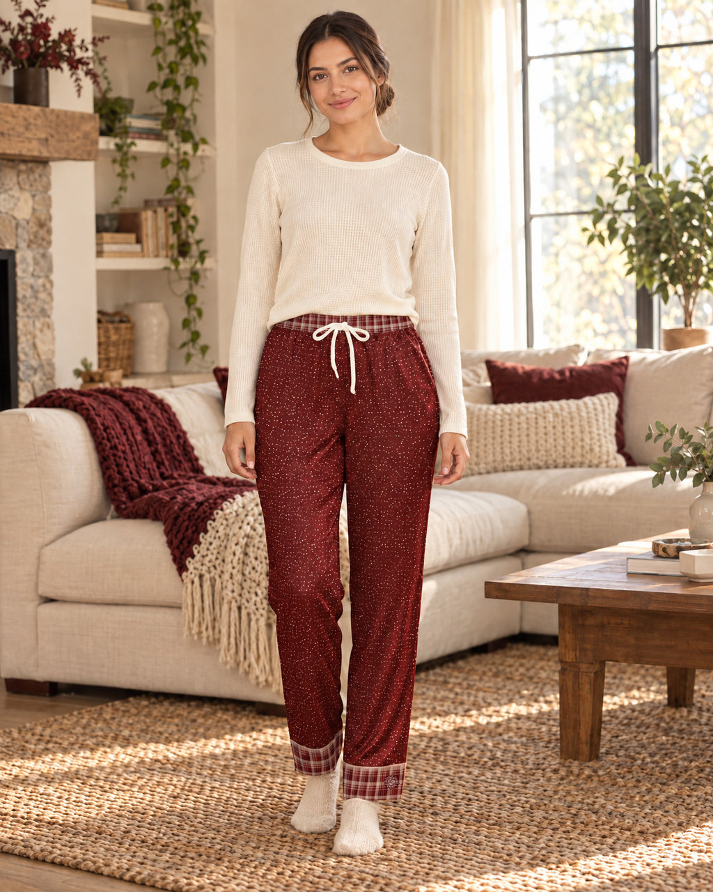 Woman standing in a sunlit living room wearing the Maroon & Cream satin pajama pants with a cream knit top