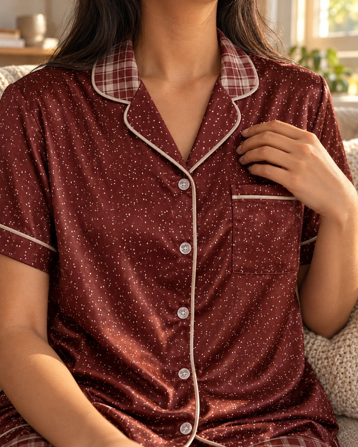 Close-up of the Maroon & Cream pajama top: maroon-and-cream plaid collar, dotted lapels, chest pocket and soft taupe-pink piping