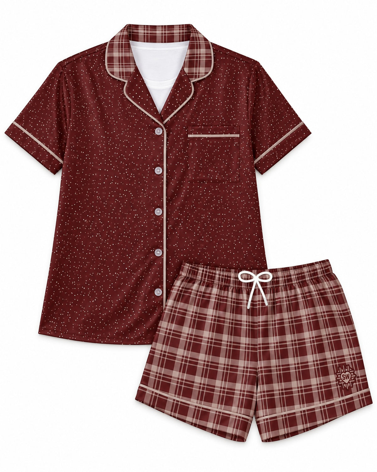 Maroon & Cream satin pajama set laid flat on white: deep maroon top, maroon-and-cream plaid shorts, white drawstring