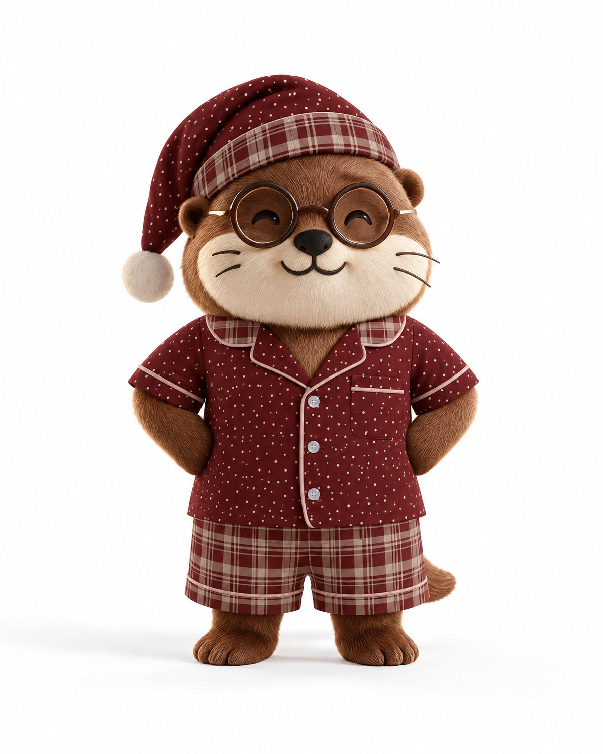Waffles the otter mascot wearing a matching Maroon & Cream pajama set and nightcap on a white background