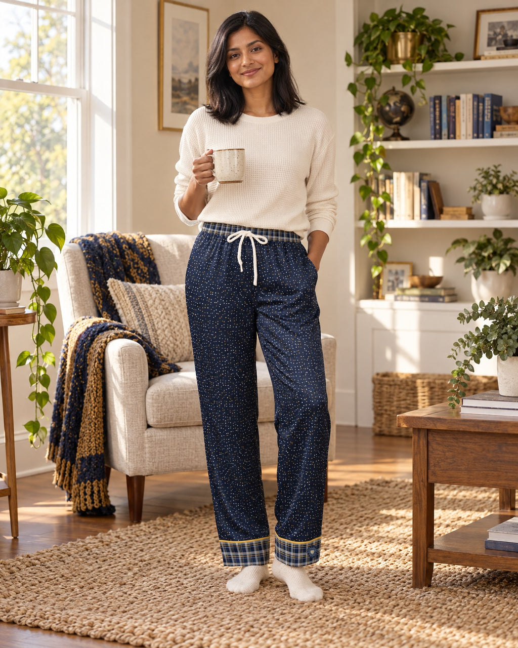 Woman in a different size standing in a cozy living room wearing the Navy & Brass satin pajama pants with a cream knit top
