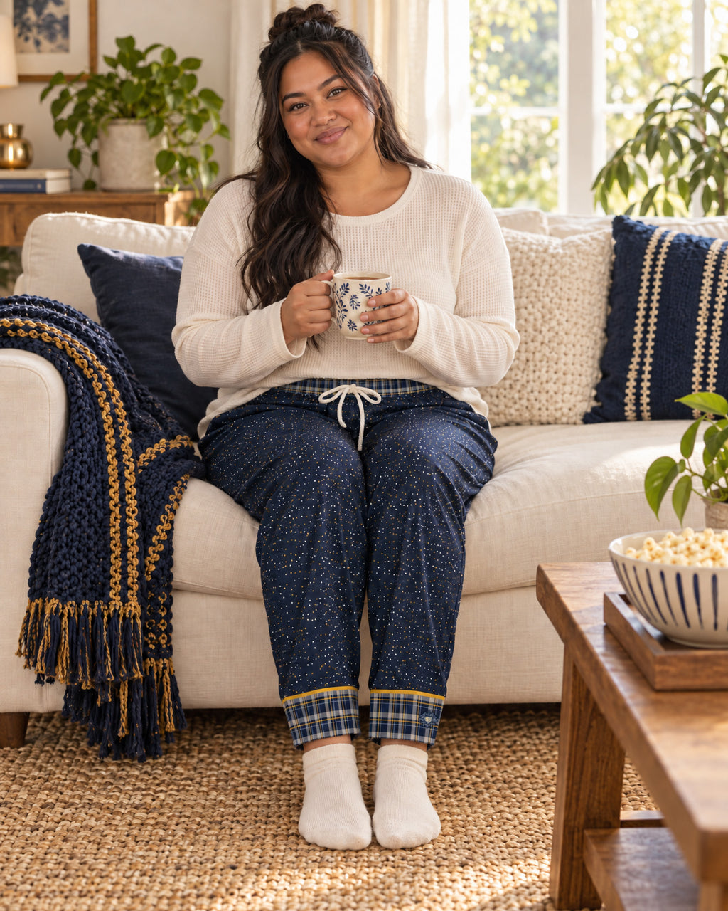 Woman sitting on a sofa holding a mug, wearing the Navy & Brass satin pajama pants with a cream knit top and showing the plaid cuffs