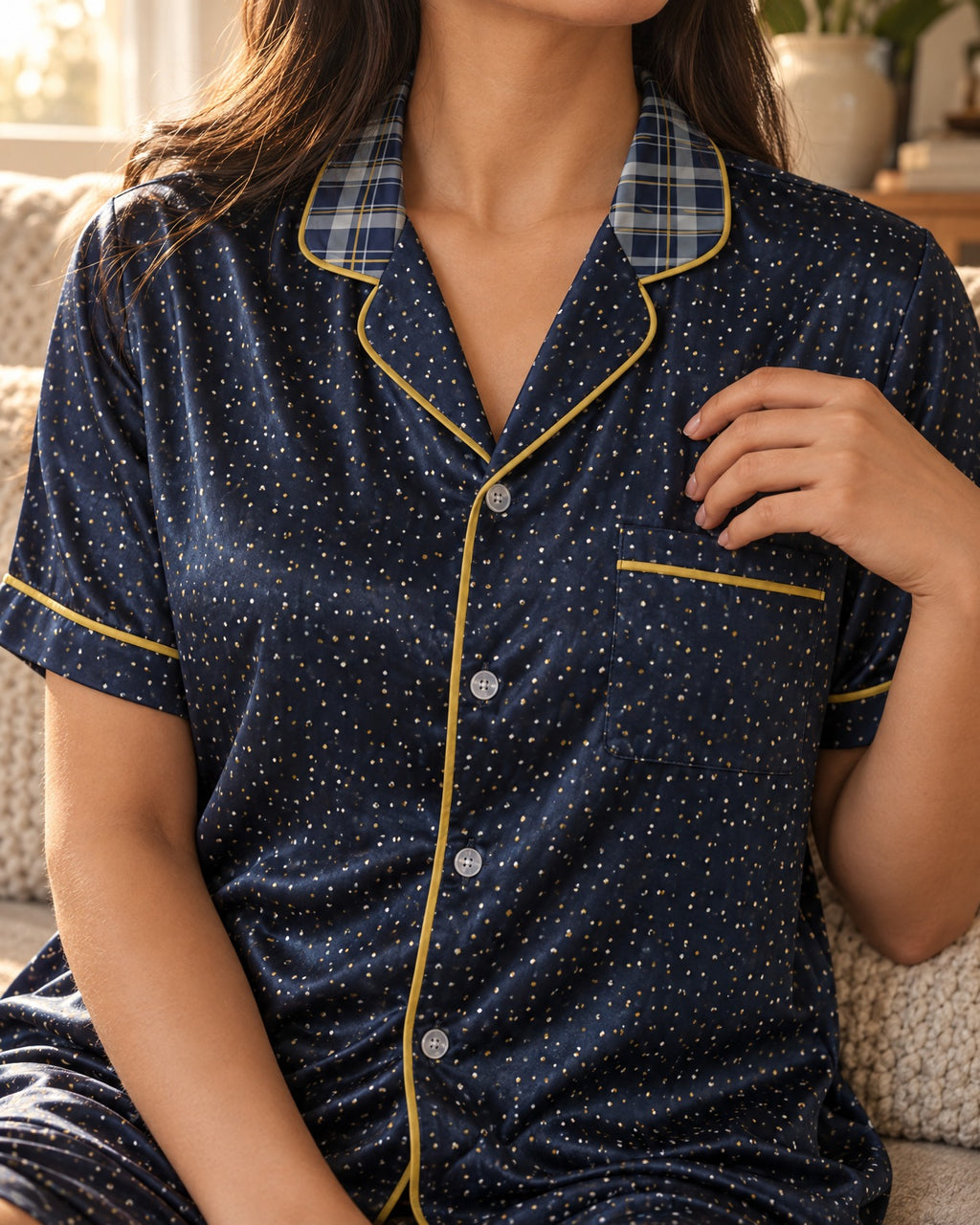 Close-up of the Navy & Brass pajama top: navy and gray-blue plaid with thin brass lines collar, dotted lapels, chest pocket and brass-gold piping