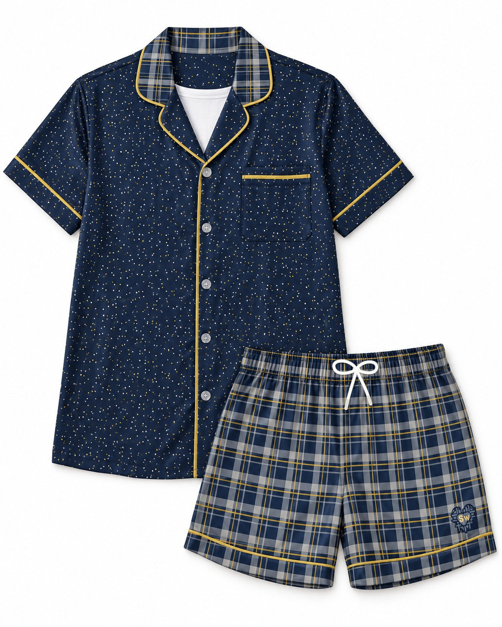 Navy & Brass satin pajama set laid flat on white: dark navy top, navy and gray-blue plaid with thin brass lines shorts, white drawstring