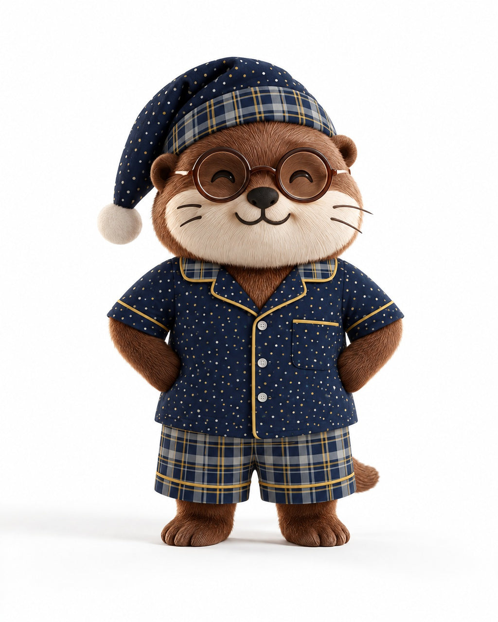 Waffles the otter mascot wearing a matching Navy & Brass pajama set and nightcap on a white background