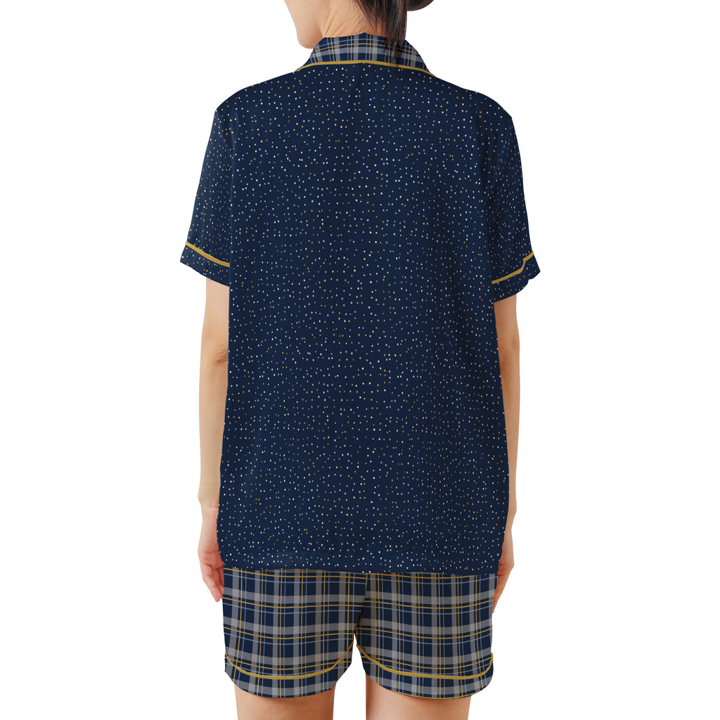 Back view of the Navy & Brass satin pajama set on a plain white background
