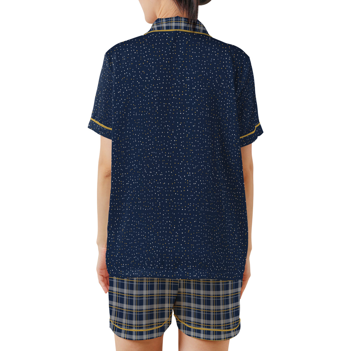 Back view of the Navy & Brass satin pajama set on a plain white background