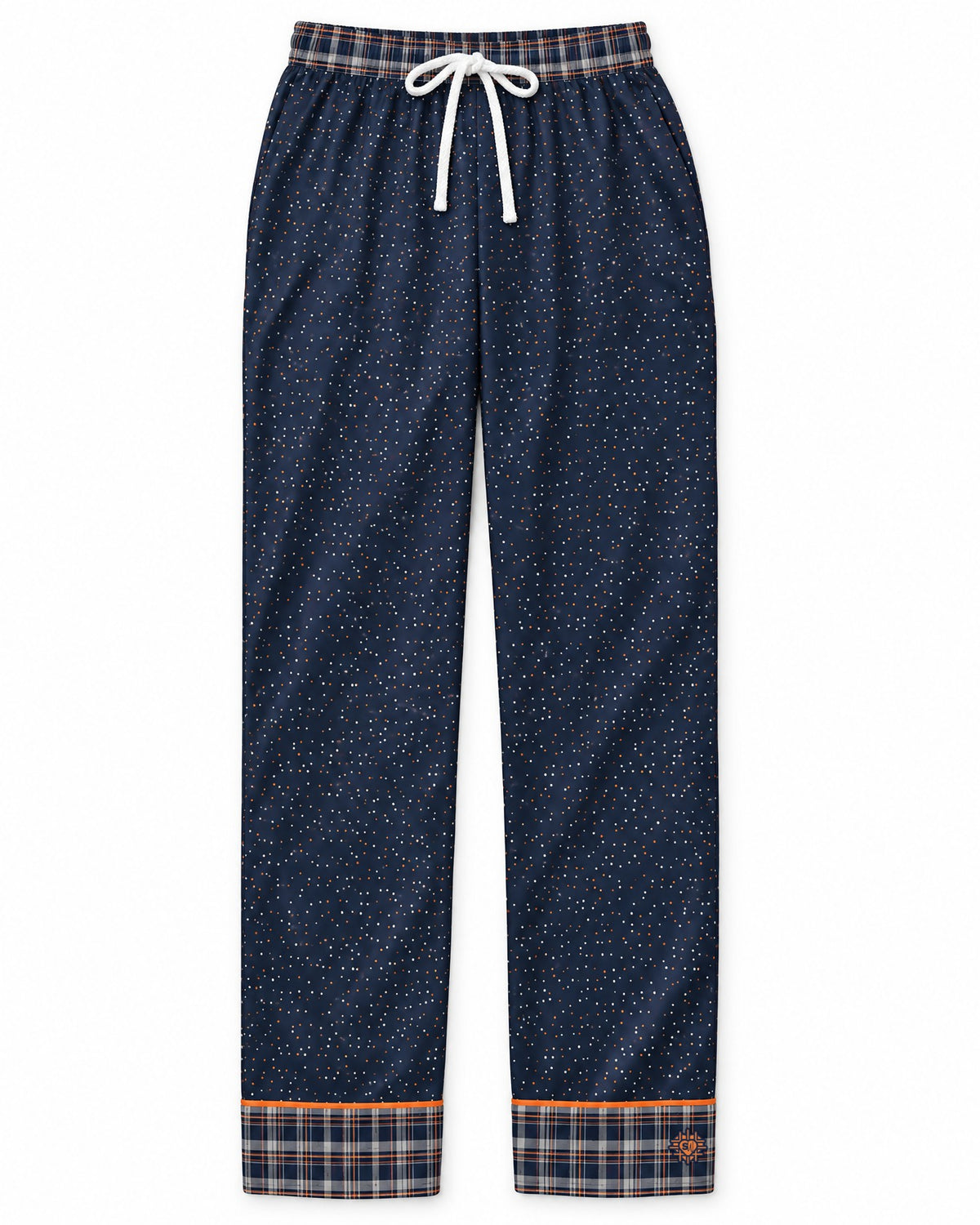 Orange & Ink satin pajama pants laid flat on white: ink-navy satin with tiny orange and white dots, plaid waistband and cuffs, white drawstring bow