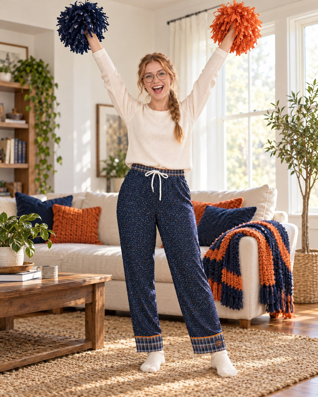 Woman cheering with both arms raised and plain pom-poms in the Orange & Ink satin pajama pants and a cream knit top