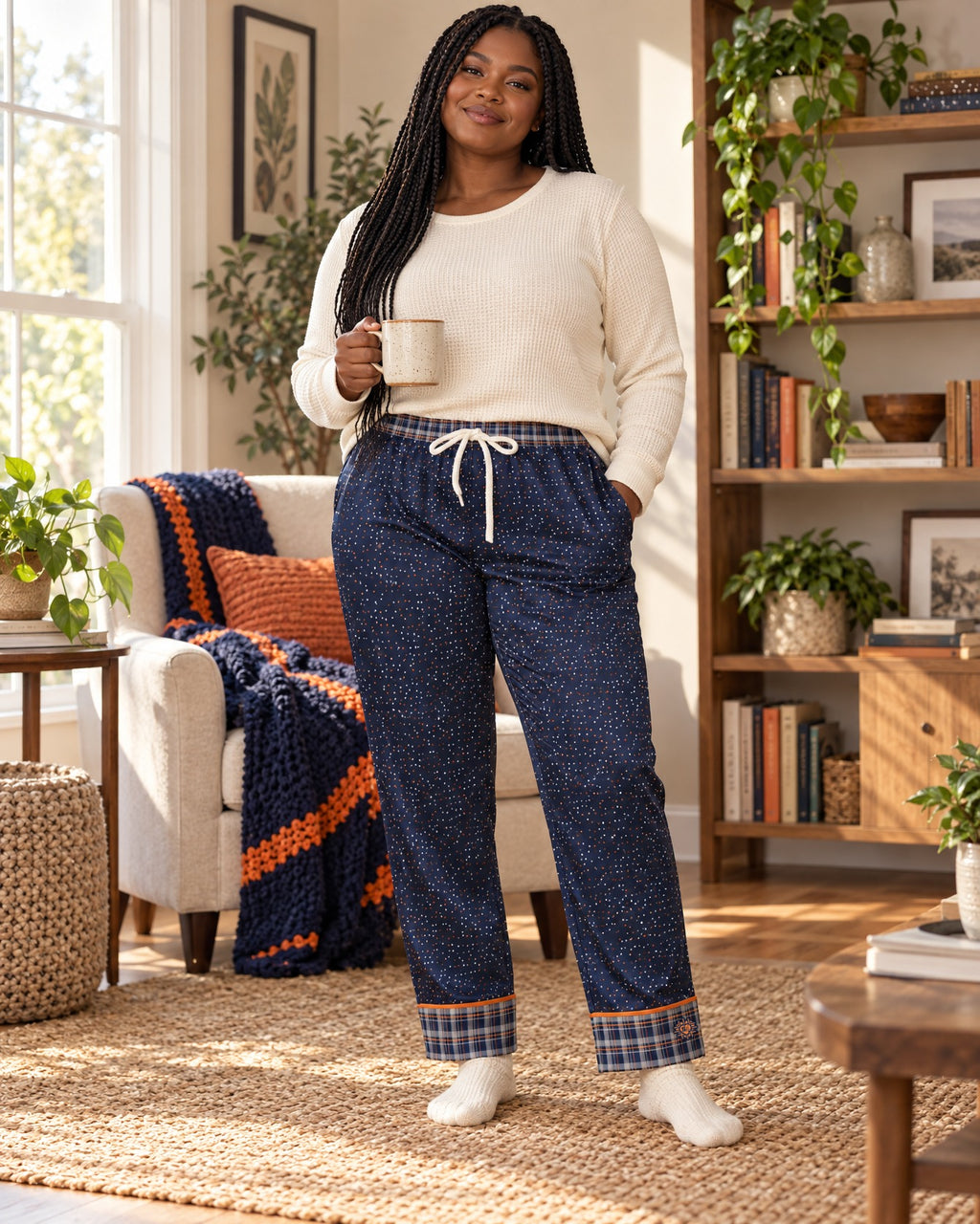 Woman in a different size standing in a cozy living room wearing the Orange & Ink satin pajama pants with a cream knit top