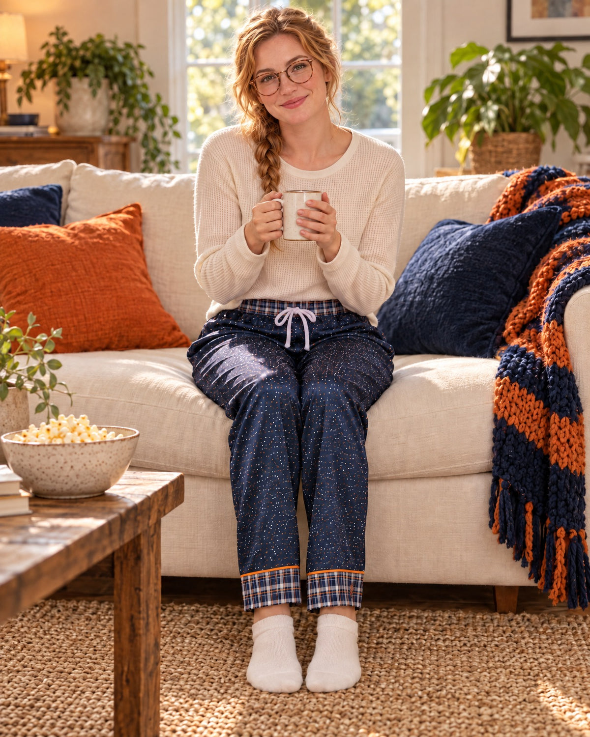 Woman sitting on a sofa holding a mug, wearing the Orange & Ink satin pajama pants with a cream knit top and showing the plaid cuffs