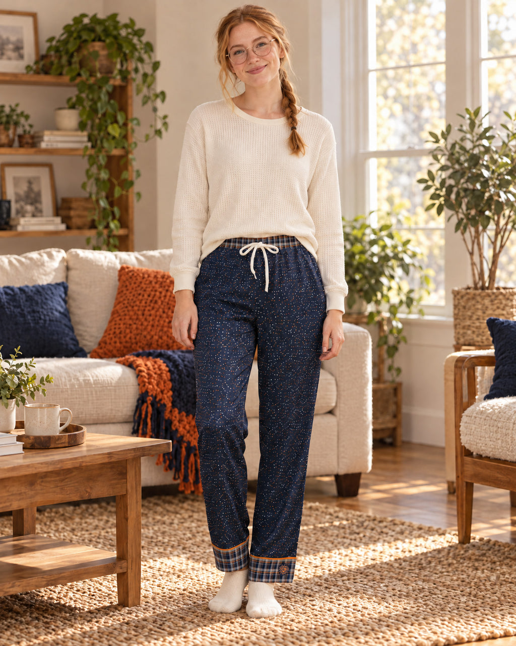 Woman standing in a sunlit living room wearing the Orange & Ink satin pajama pants with a cream knit top