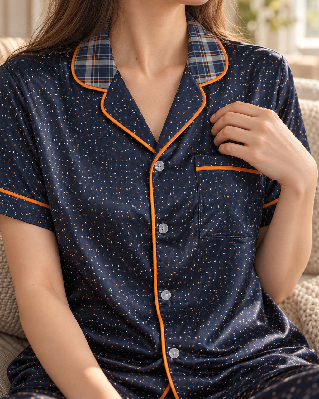 Close-up of the Orange & Ink pajama top: navy and gray plaid with thin orange lines collar, dotted lapels, chest pocket and bright orange piping