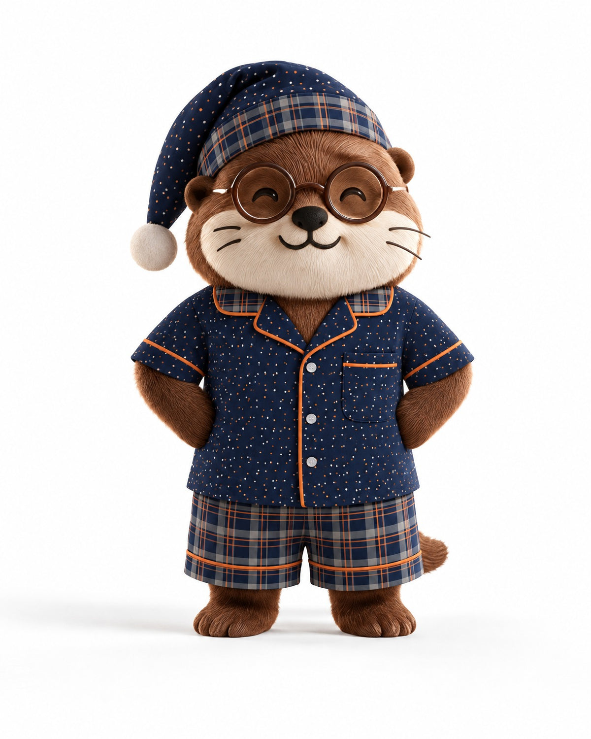 Waffles the otter mascot wearing a matching Orange & Ink pajama set and nightcap on a white background