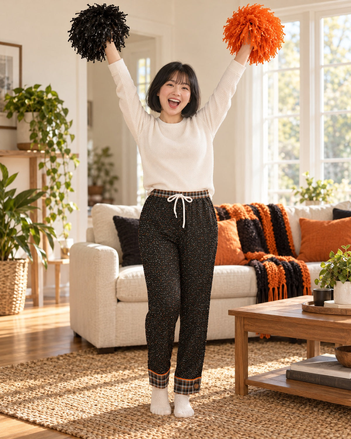 Woman cheering with both arms raised and plain pom-poms in the Orange & Licorice satin pajama pants and a cream knit top