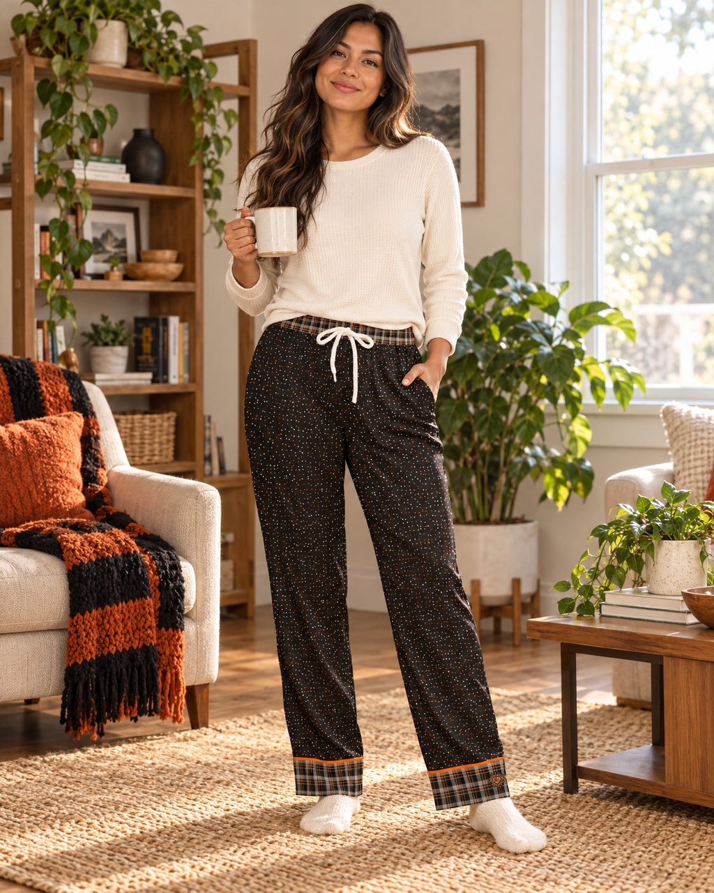 Woman in a different size standing in a cozy living room wearing the Orange & Licorice satin pajama pants with a cream knit top