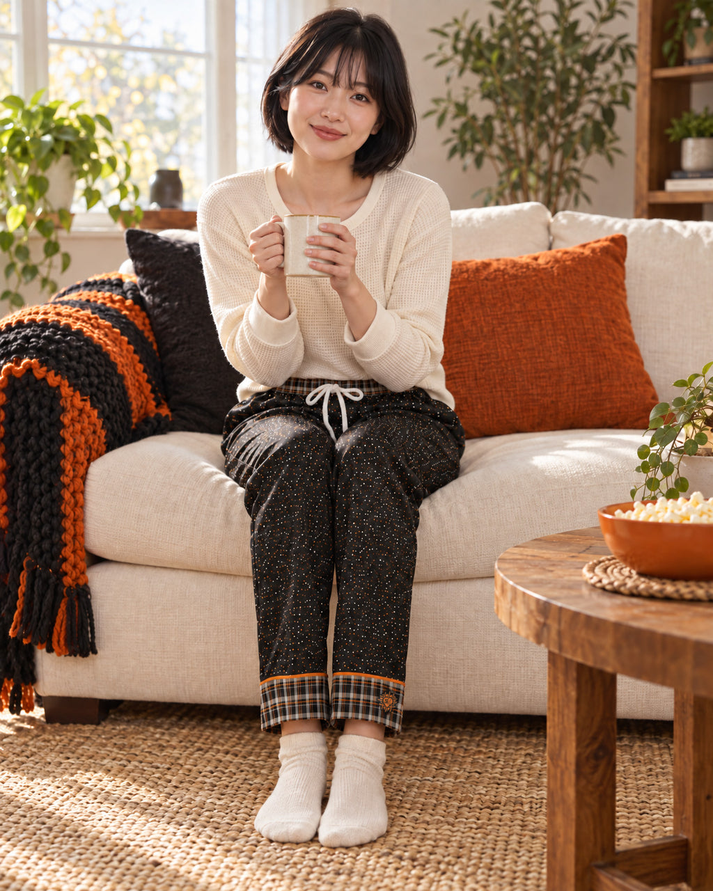 Woman sitting on a sofa holding a mug, wearing the Orange & Licorice satin pajama pants with a cream knit top and showing the plaid cuffs
