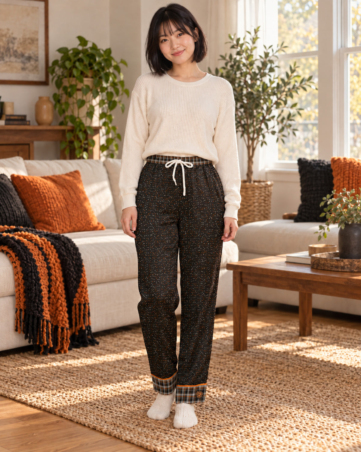 Woman standing in a sunlit living room wearing the Orange & Licorice satin pajama pants with a cream knit top
