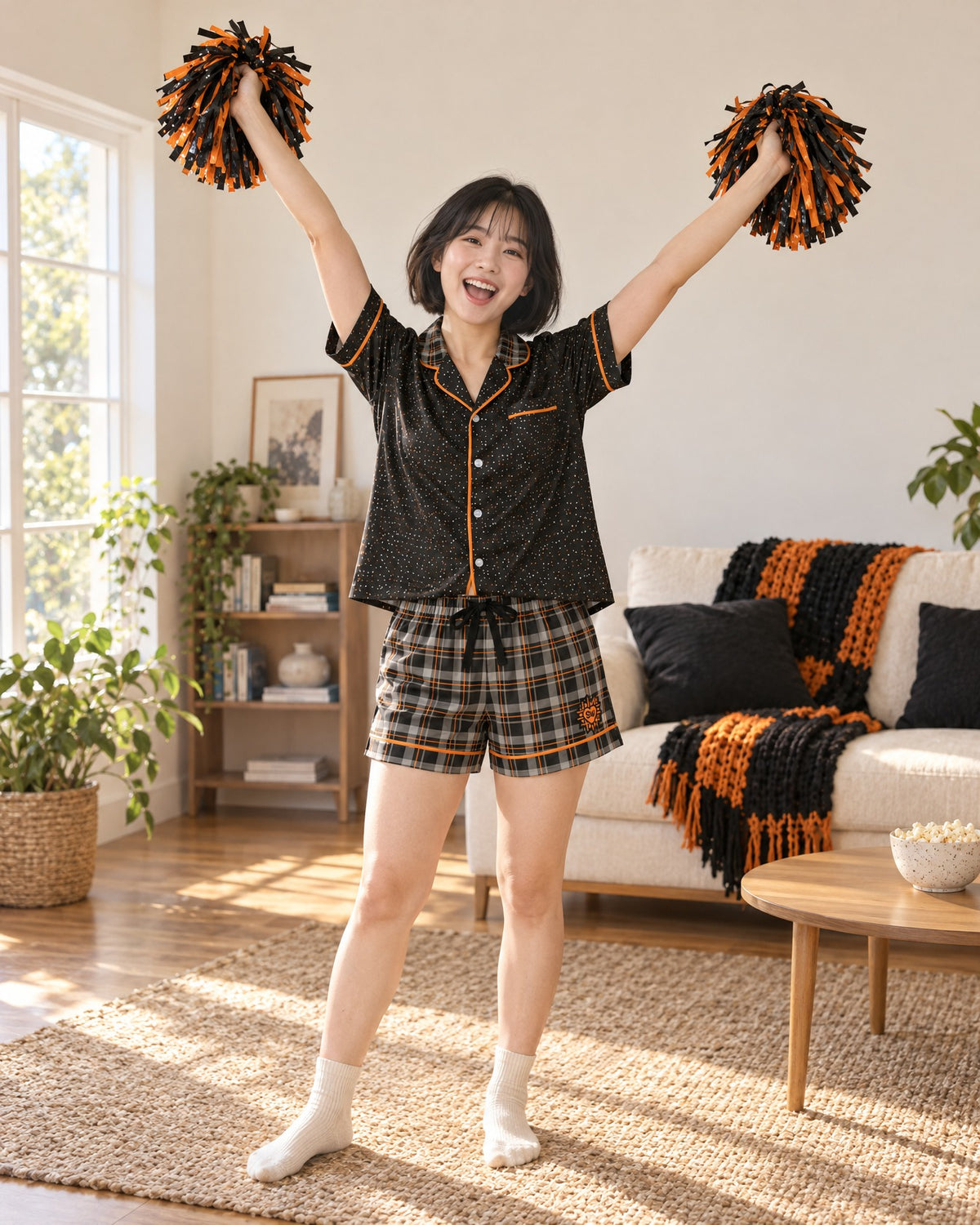 Woman cheering with both arms raised in the Orange & Licorice satin pajama set, plain pom-poms