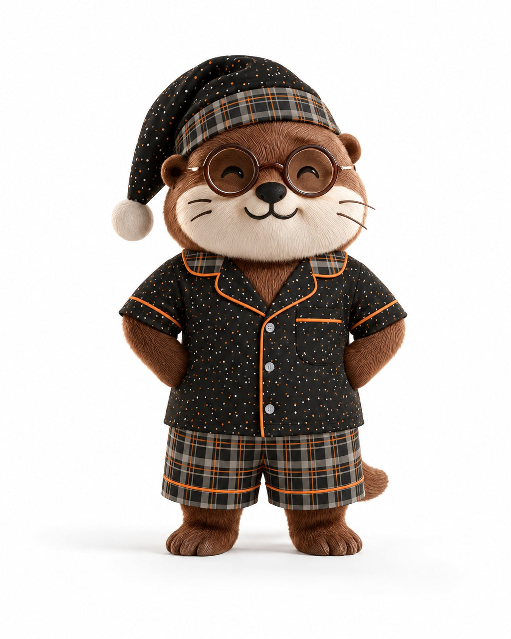Waffles the otter mascot wearing a matching Orange & Licorice pajama set and nightcap on a white background