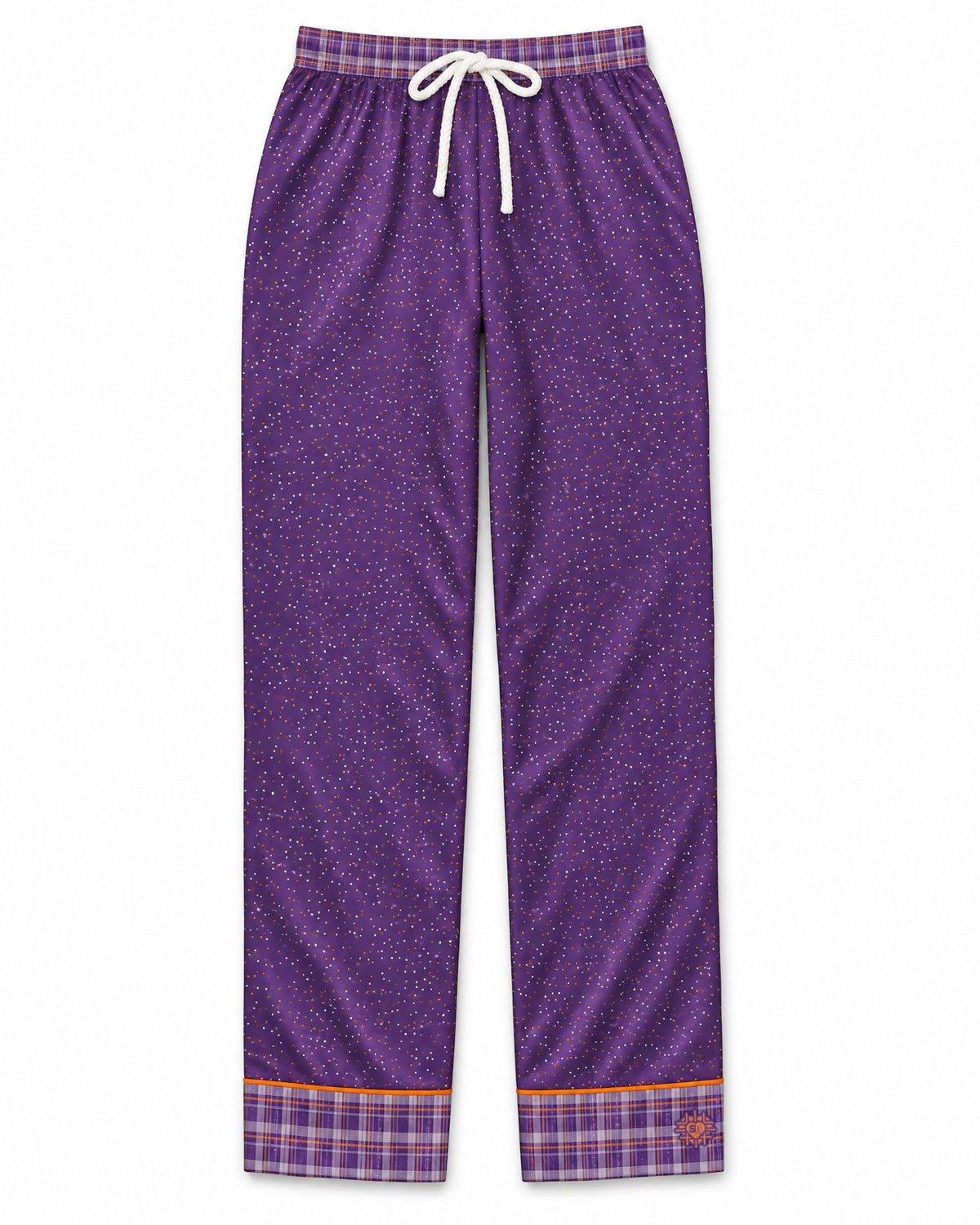 Orange & Plum satin pajama pants laid flat on white: plum-purple satin with tiny orange and white dots, plaid waistband and cuffs, white drawstring bow