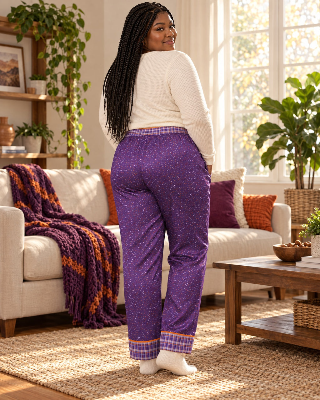 Back view of a woman in the Orange & Plum satin pajama pants with a cream knit top, plaid waistband and cuffs