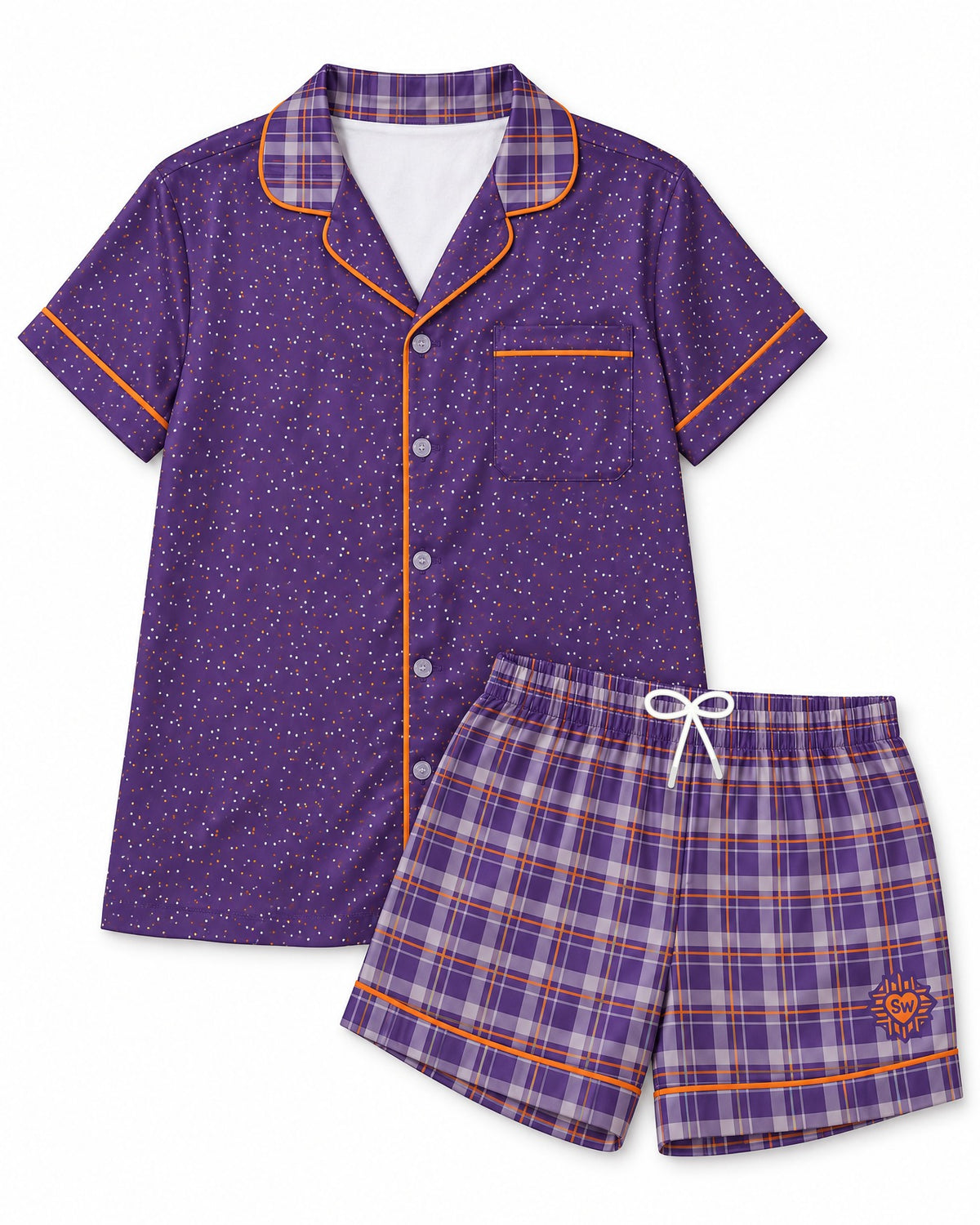 Orange & Plum satin pajama set laid flat on white: plum purple top, plum and pale lavender plaid with thin orange lines shorts, white drawstring