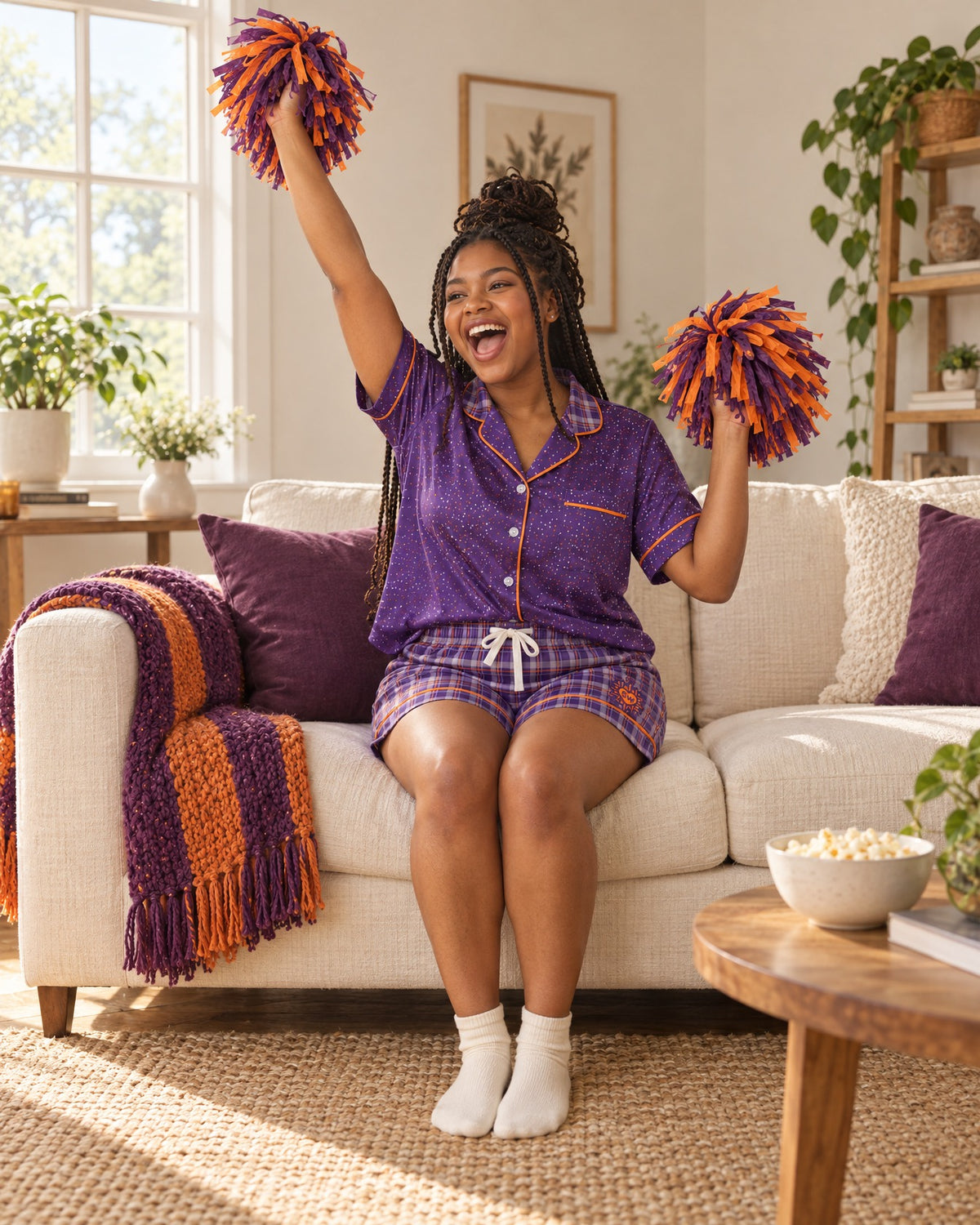 Woman cheering on a sofa in the Orange & Plum satin pajama set holding team-color pom-poms