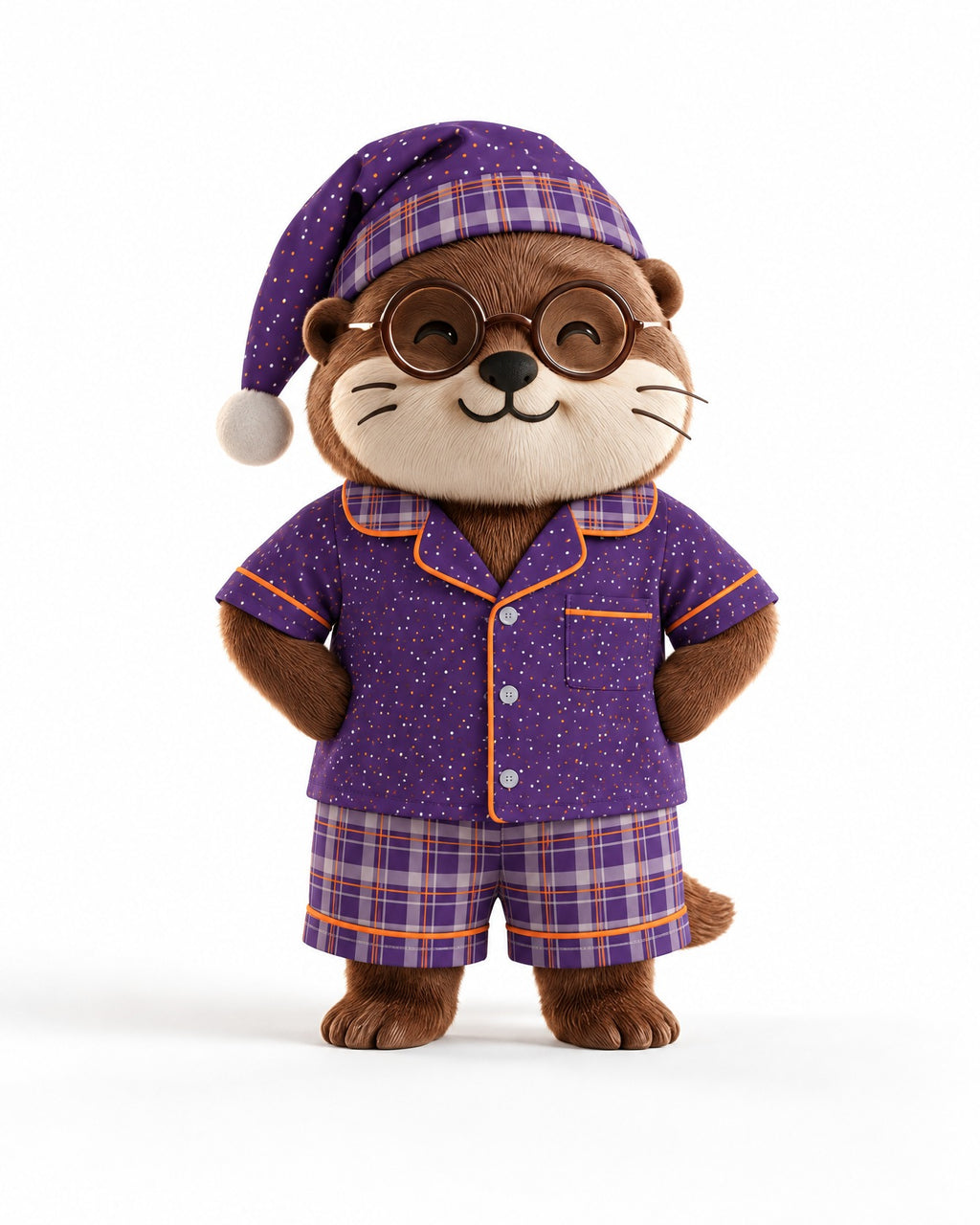 Waffles the otter mascot wearing a matching Orange & Plum pajama set and nightcap on a white background