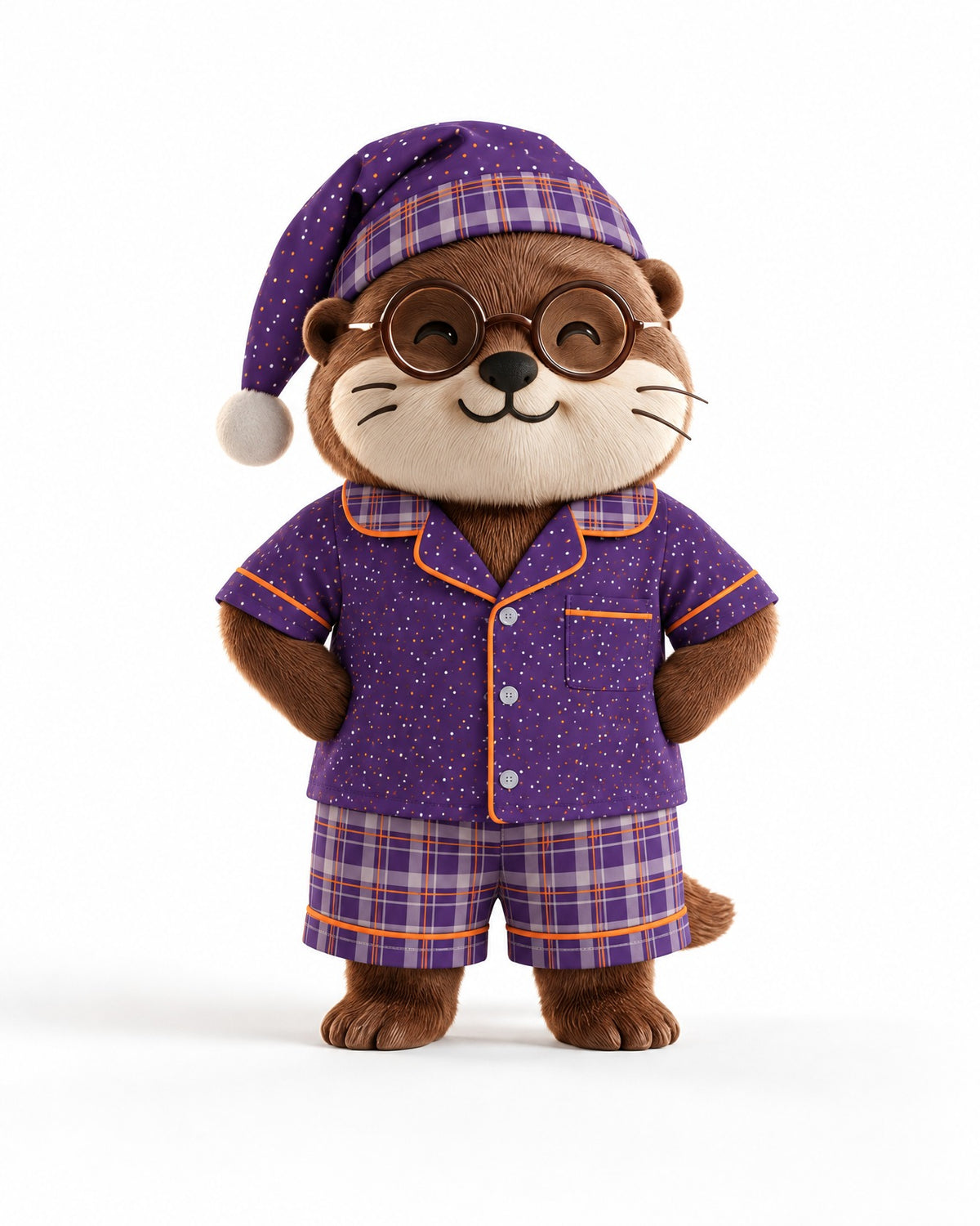 Waffles the otter mascot wearing a matching Orange & Plum pajama set and nightcap on a white background