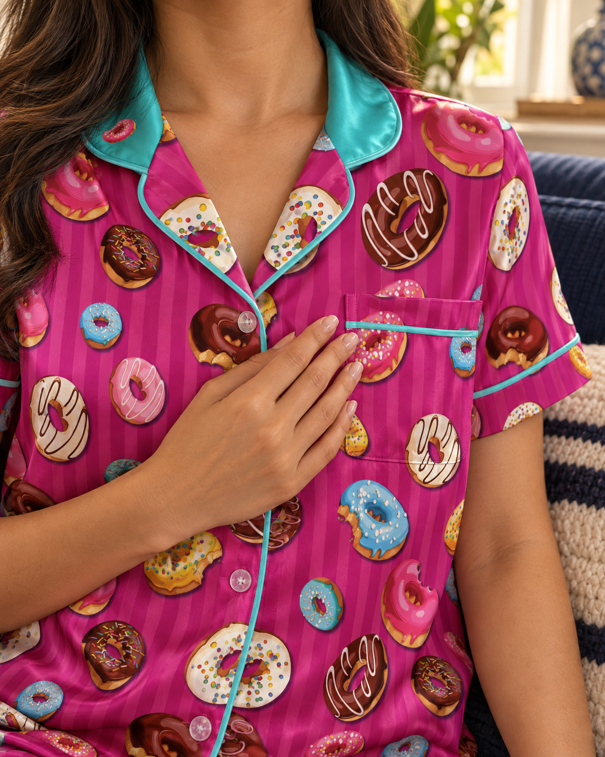 A close-up of a person wearing a bright pink pajama top with a colorful donut print and turquoise piping. The pajama shirt has a collar, button placket, and a chest pocket.