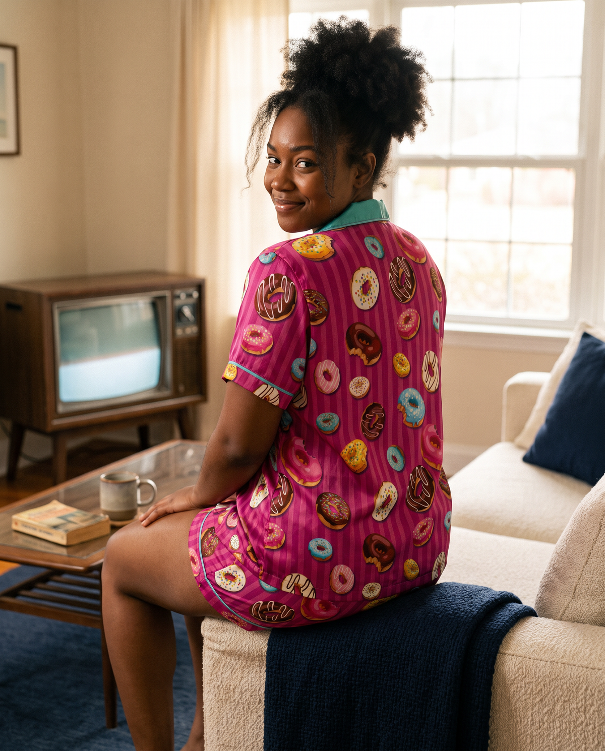 A woman wearing a pink short-sleeve pajama top and matching shorts with a colorful donut print, sitting on a beige couch in a living room.