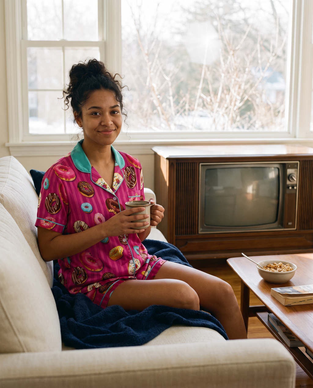 Magenta pinstripe satin pajama set printed with colorful glazed donuts, teal collar and piping