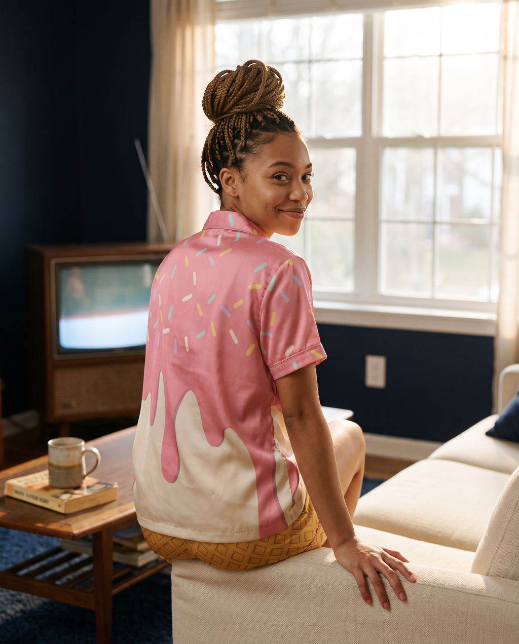 Pink strawberry ice cream drip print satin pajama set with waffle cone shorts