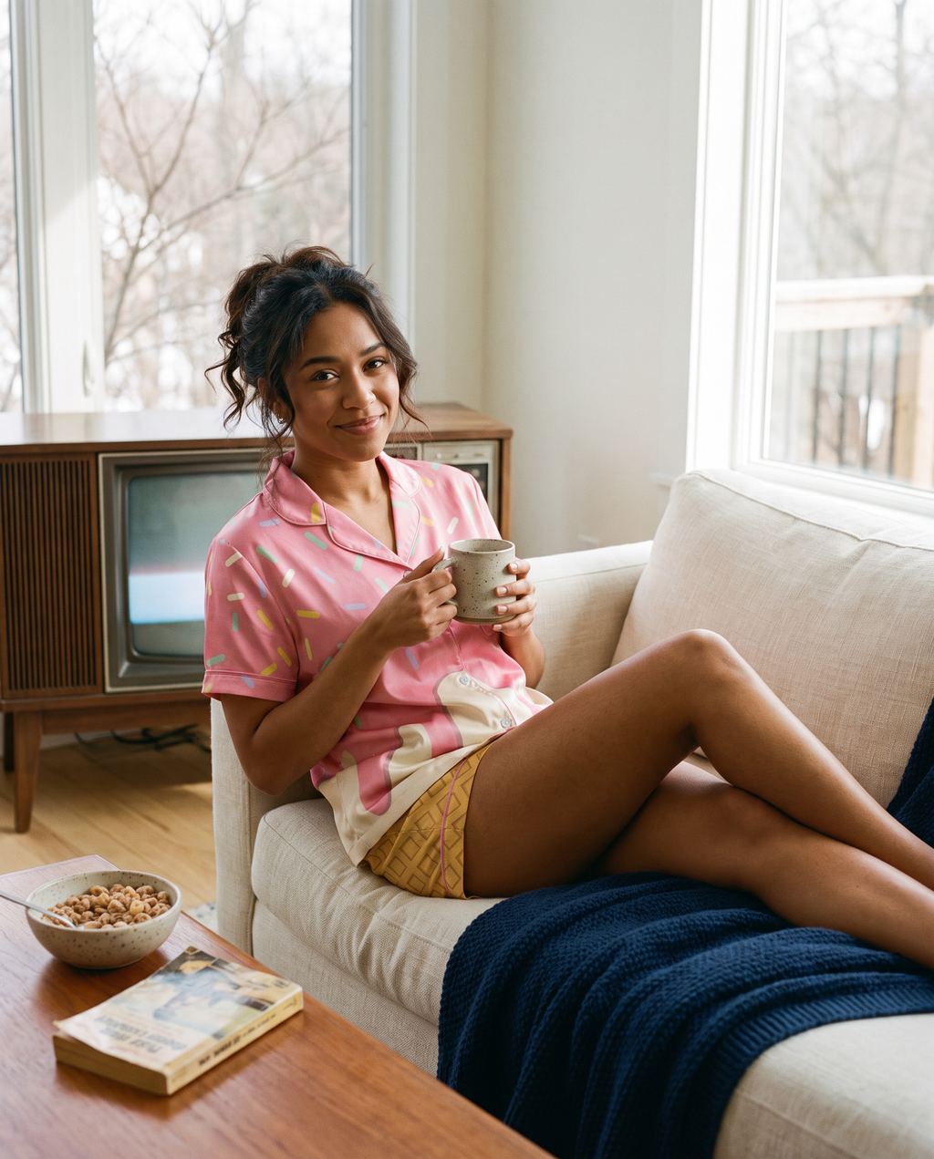 A woman relaxes on a cream sofa in a bright living room, wearing a pink and white striped pajama shirt and shorts while holding a mug. A wooden table in the foreground has a bowl of cereal and a book.