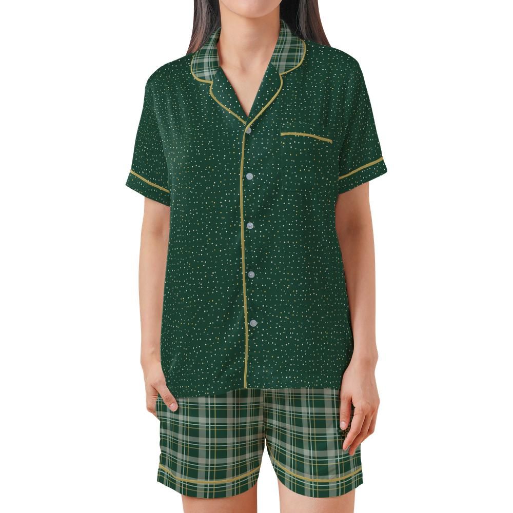 Front view of the Sage & Honey satin pajama set on a model against a white background