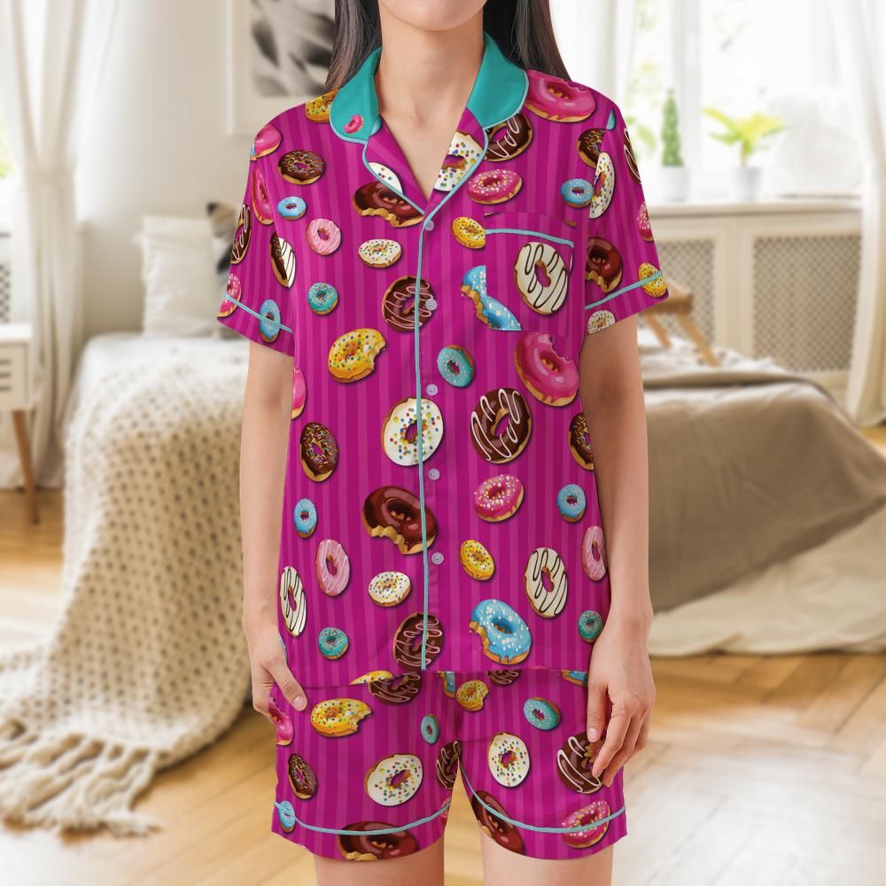  Magenta pinstripe satin pajama set printed with colorful glazed donuts, teal collar and piping