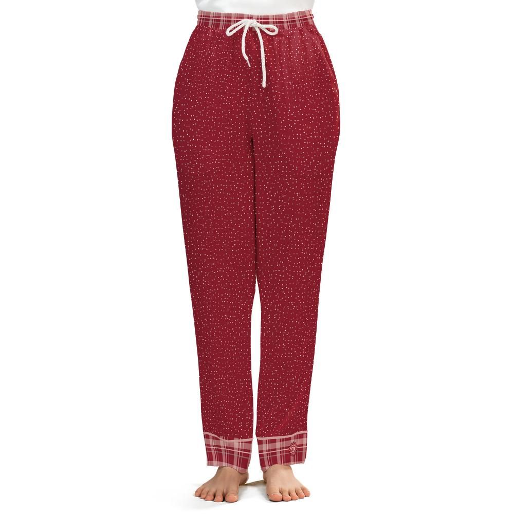 Front view of the Crimson Cocoa satin pajama pants on a model against a white background