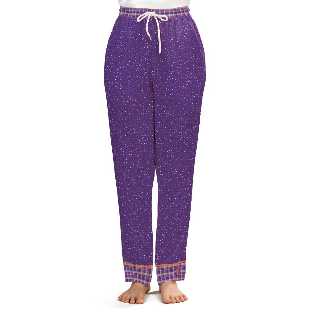 Front view of the Orange & Plum satin pajama pants on a model against a white background